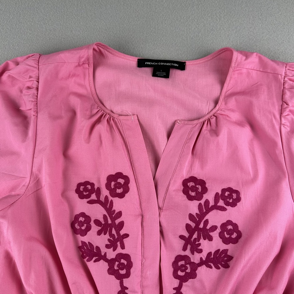 French Connection Pink Embroidered Cotton Midi Dress Large Boho Peasant Resort - Picture 3 of 11
